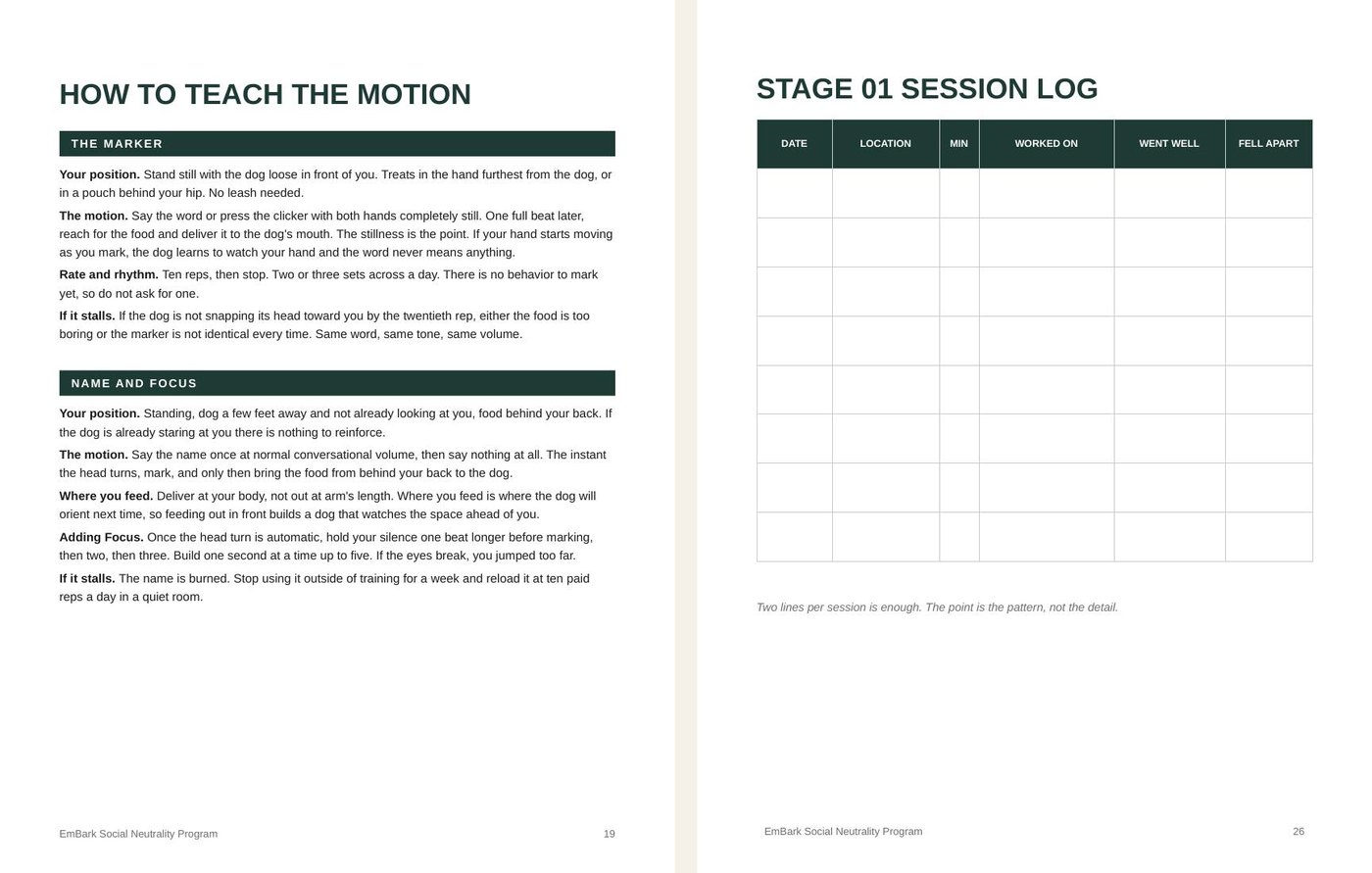 Two pages from the workbook: cue mechanics and a session log